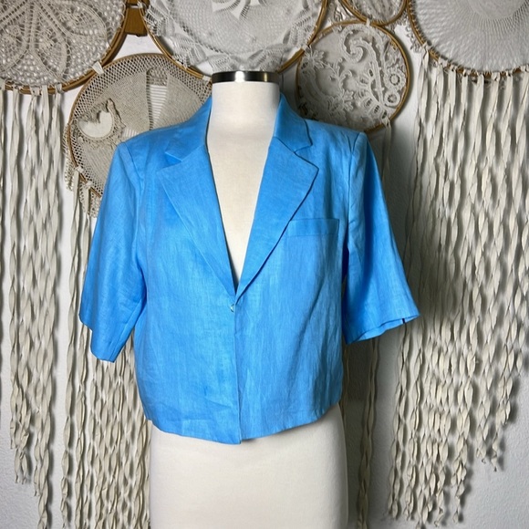 Boston Proper Modern Length Elbow Sleeve Linen Blazer in Blue Topaz NWOT M - Picture 5 of 16